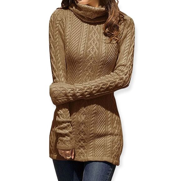 NWT CEASIKERY Cowl Neck Long Slim Fitted Cable Knit Sweater - Picture 3 of 6